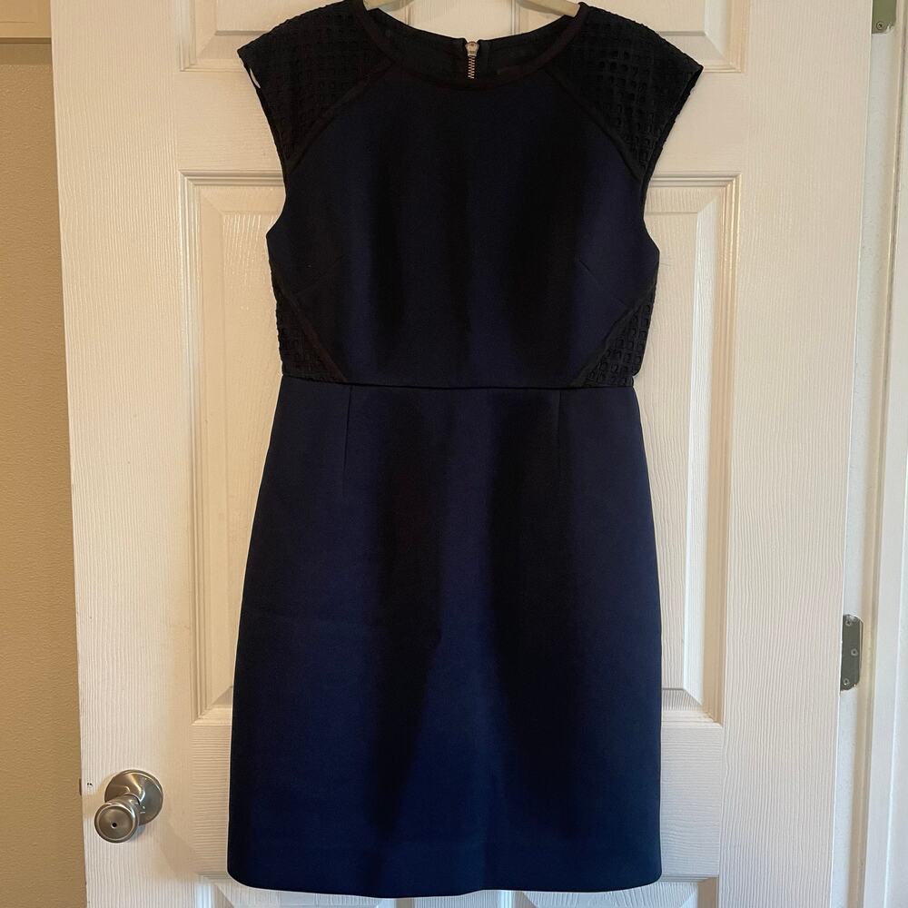Women's J.CREW Double Faced Eyelet Pique Lace Navy Blue Black Career Dress 10P